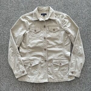 Lands End Button Up Shirt Jacket Women's Size 8 Beige‎ Corduroy Safari Utility